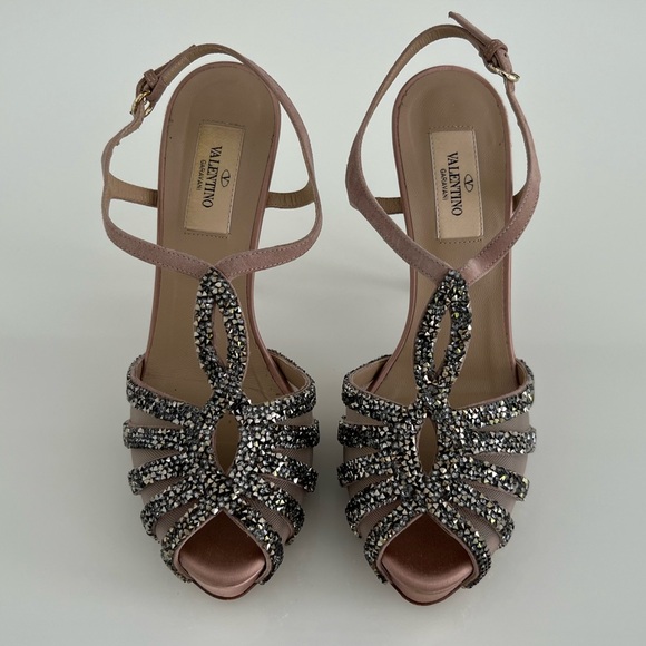 VALENTINO DUSTY PINK MAUVE TONE PLATFORM CRYSTAL SANDALS SIZE IT 37.5 / US 7.5 - Picture 1 of 17